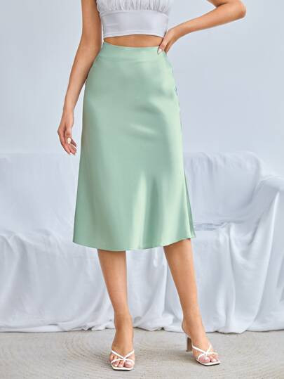 SHEIN BAE Zipper Side Solid Satin Skirt | SHEIN