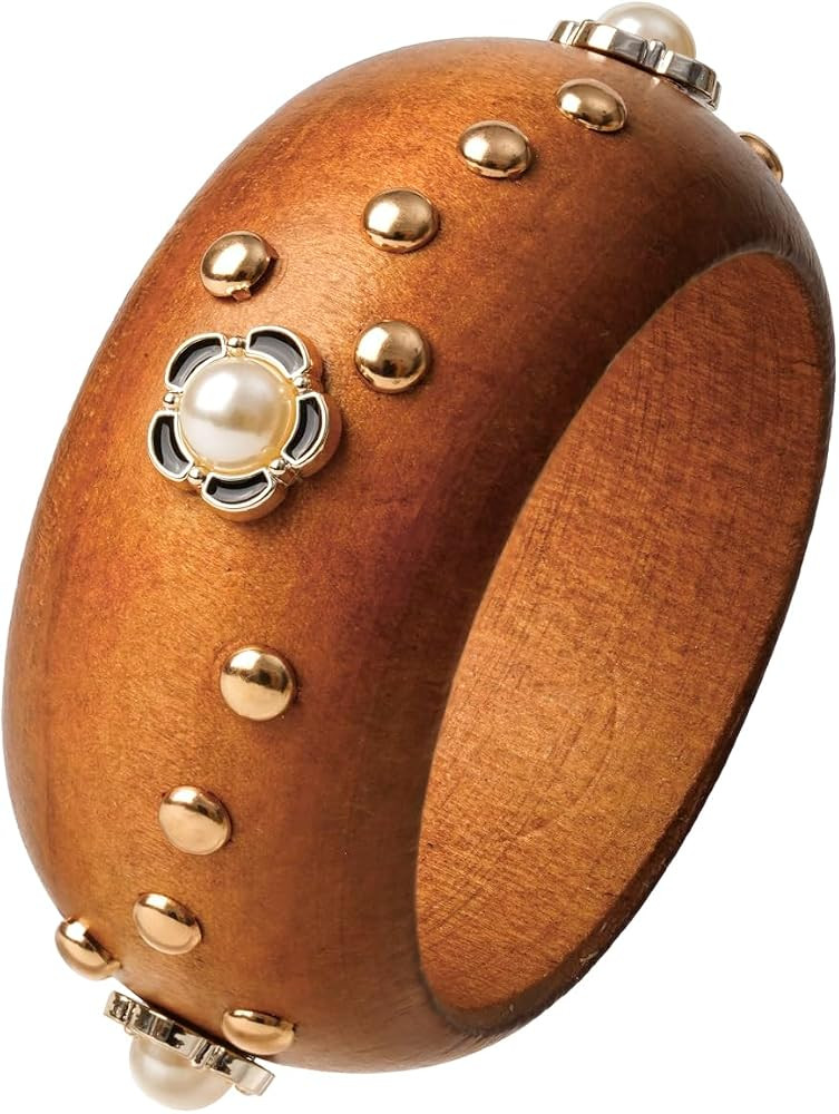 Wooden Bangles for Women with Pearl Rivet Accent, Boho Wooden Bangle | Amazon (US)