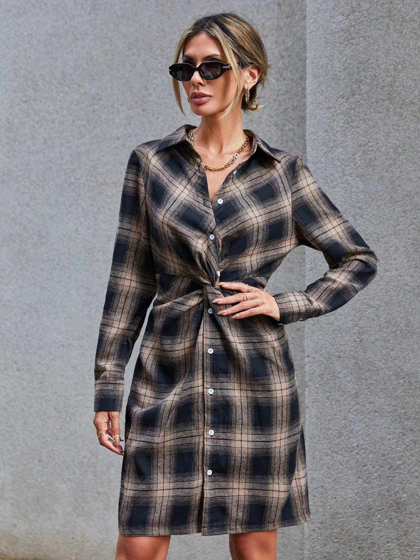 SHEIN Essnce Plaid Twist Front Shirt Dress | SHEIN
