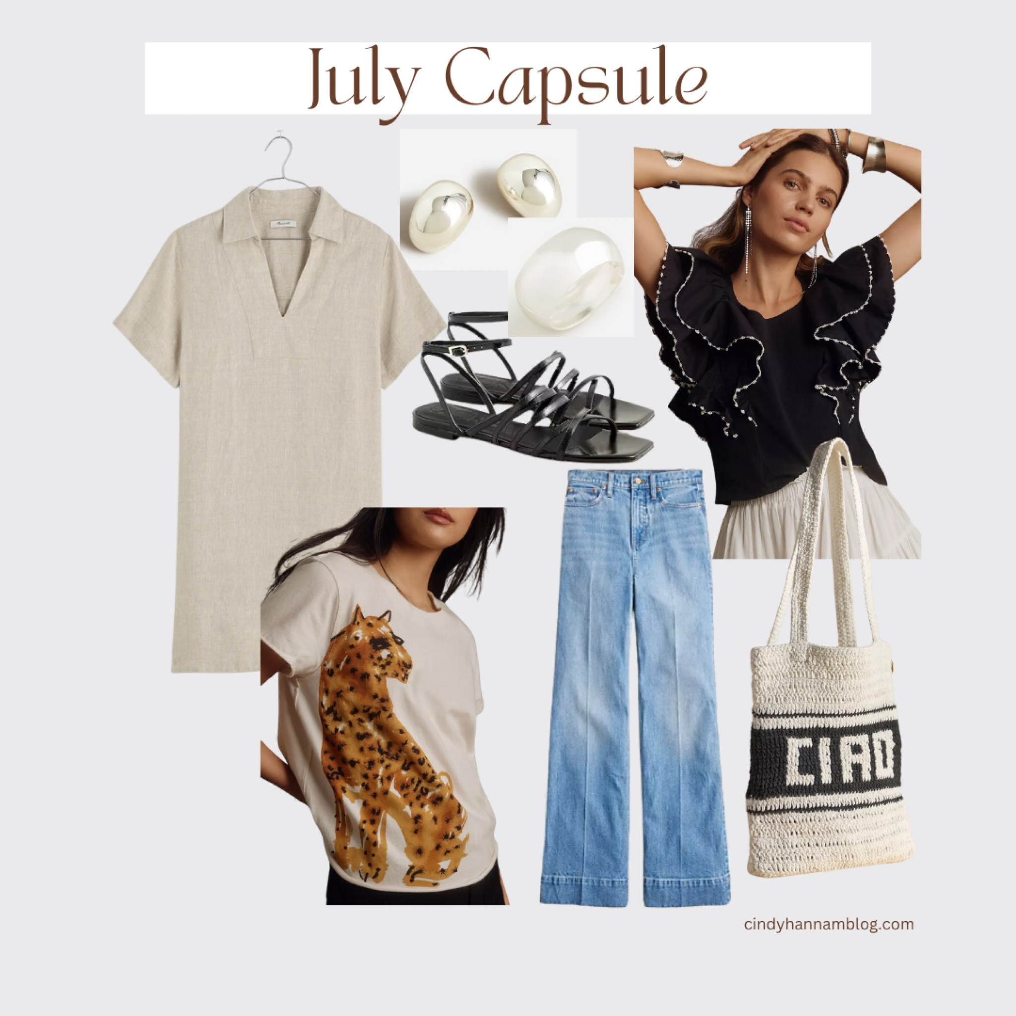 The July Capsule is HERE: 6 pieces to add to your wardrobe and pair with items from prior capsules! 
1. Short linen a-line shift dress. ROOMY fit. Runs tts.
2. Black ribbed and ruffled top. Runs tts.
3. Denim wide leg trousers. Super high waisted. Light wash.
4. Strappy black sandals. Under $70. Run tts.
5. Clare V Crocheted Ciao small tote.
6. Cheetah graphic tee. Runs tts. 
Also linking silver jewelry.

#LTKStyleTip #LTKItBag #LTKShoeCrush