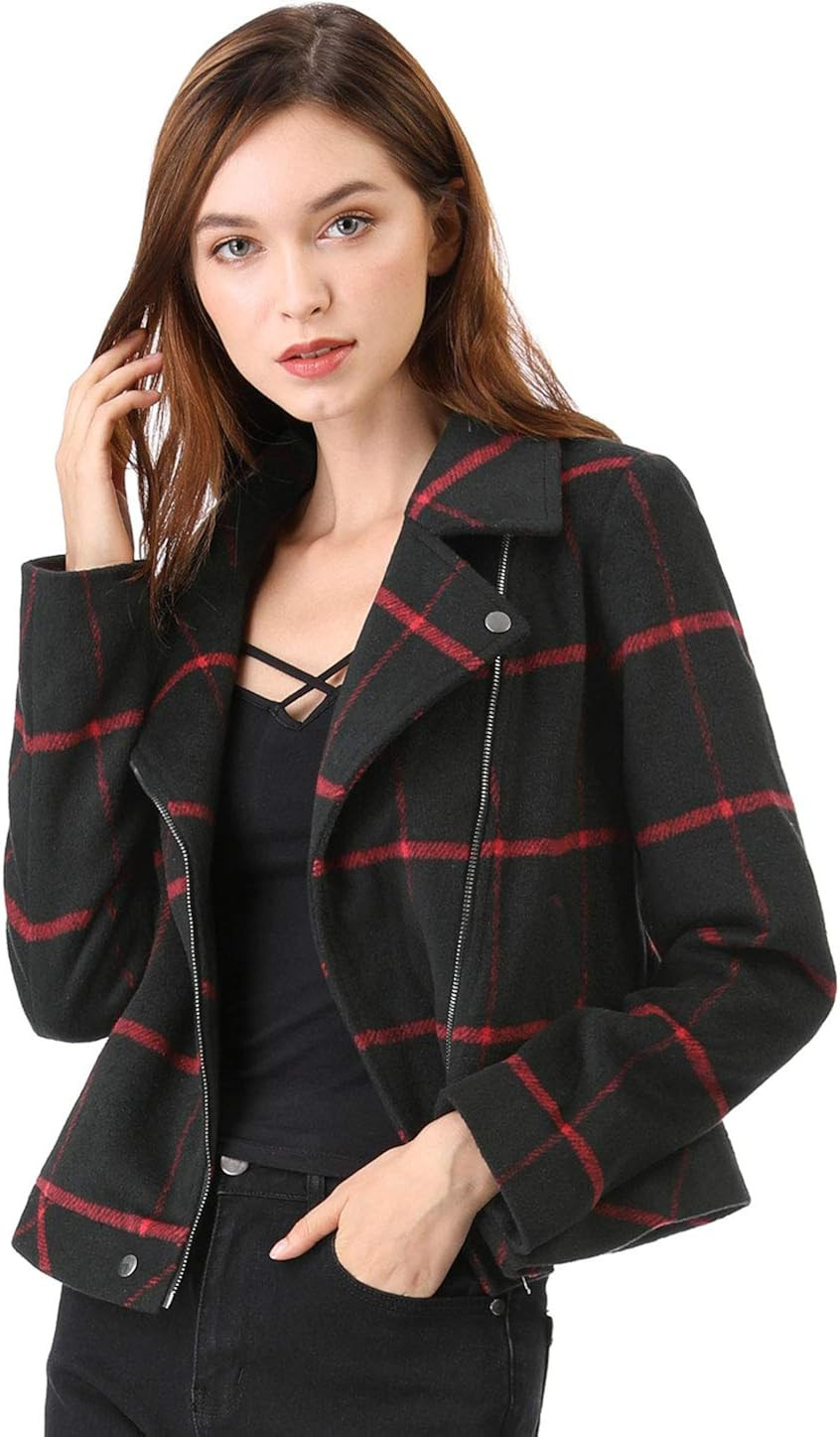 Allegra K Women's Asymmetrical Zipper Plaid Moto Jacket | Amazon (US)
