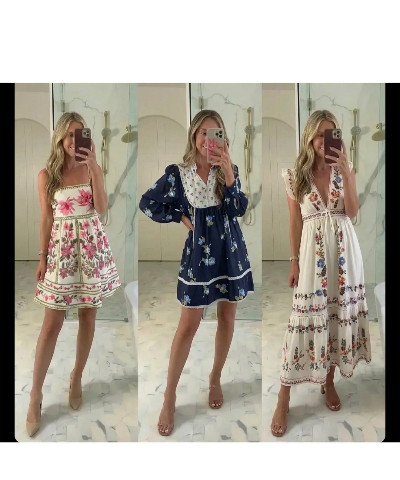 A polished Pinterest-style mirror selfie collage featuring three feminine spring dresses styled side by side. Soft, natural bathroom lighting with marble floors and a clean neutral backdrop. Outfit one: a sleeveless white mini dress with pink floral embroidery, tailored waist, and classic nude heels. Outfit two: a navy long-sleeve mini dress with delicate floral print, white embroidered bib detail, and a relaxed romantic silhouette. Outfit three: a white flowy midi dress with colorful floral embroidery, flutter sleeves, and an airy bohemian feel. Effortless feminine styling, soft waves, neutral heels, timeless spring wardrobe inspiration, elevated casual elegance, romantic cottagecore-meets-classic aesthetic, Pinterest-worthy fashion content.

HASHTAGS
#pinterestfashion #springdresses #femininefashion #romanticstyle #floralstyle #springoutfits #bohochic #effortlessstyle #dressinspo #amazonfashion #chicandclassic #wardrobeinspo #neutralheels #springwardrobe #fashioninspo #pinterestoutfits #everydaychic

#LTKGiftGuide #LTKActive #LTKSeasonal