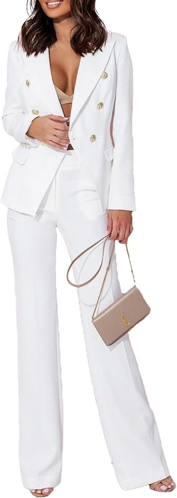 BOFETA Women's 2 Piece Business Casual Outfits Double Breasted Blazer Dressy Wide Leg Work Pants ... | Amazon (US)
