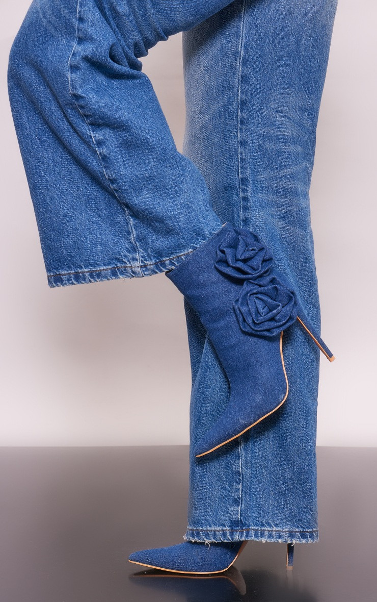 Blue Denim Point Toe Corsage Detail High Heeled Ankle Boots | PrettyLittleThing US