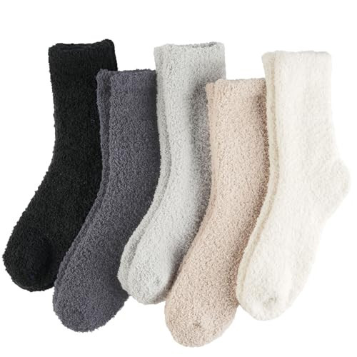 floconssy Fuzzy Socks for Women, Fluffy Cozy Plush Soft Slipper Socks for Winter Warm Sleeping Home Footies 5 Pairs Black Grey White | Amazon (US)