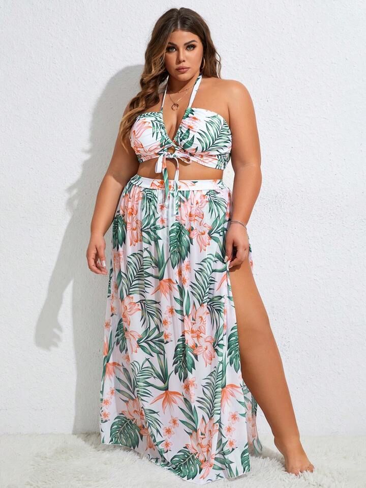 SHEIN CURVE+ Plus Size Tropical Printed Swimsuit 3pcs/Set | SHEIN