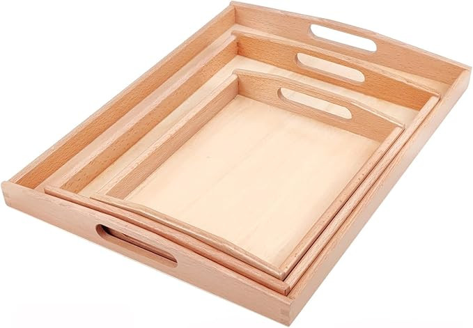 Montessori Wooden Trays with Handles, 3 Pack Small Medium Big Quality Wood Tray for Toddlers and ... | Amazon (US)