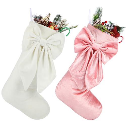 Seematn 2 Pack Bow Christmas Stockings, 18 inches Coquette Velvet Christmas Stocking Hanging Xmas Tree Decor for Fireplace Holiday Festival Party Ornament(Pink, White) | Amazon (US)