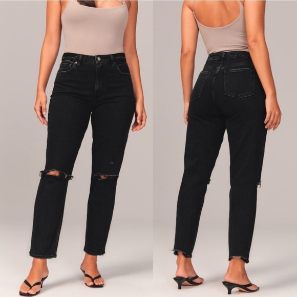 Abercrombie & Fitch Women"s Jeans Size 26 2 L The Mom High Rise Black Distressed | Poshmark