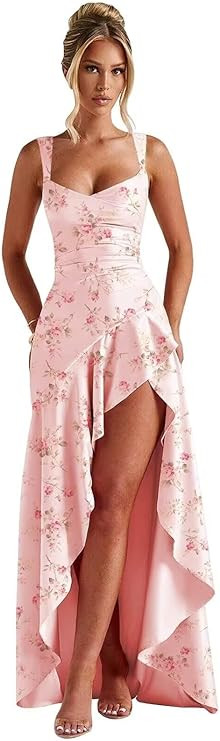 Satin Ruffles Prom Dresses for Women Hi-Low Mermaid Formal Evening Gowns Spaghetti Straps Cocktai... | Amazon (US)