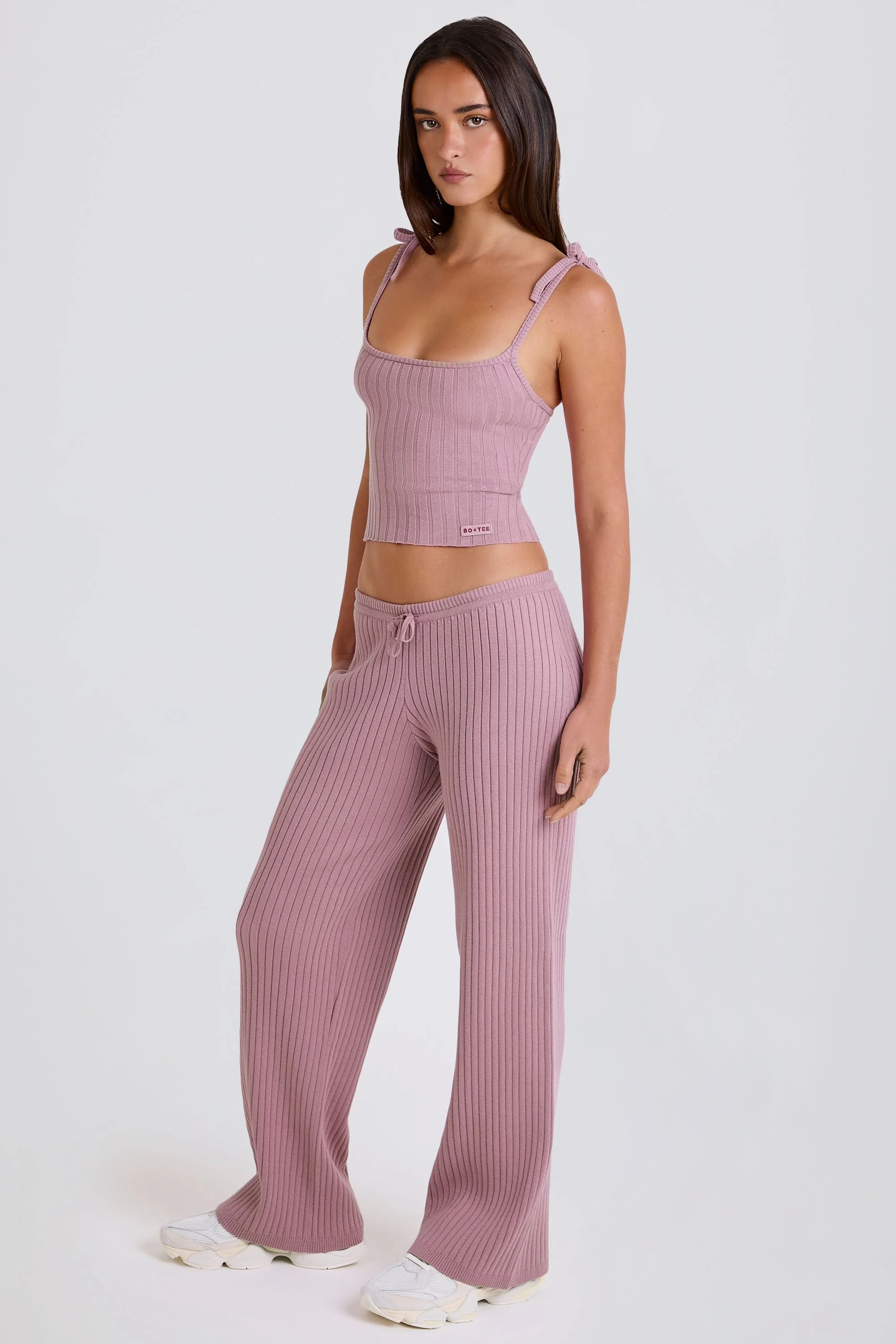 Ribbed-Knit Wide-Leg Joggers in Mauve | Oh Polly