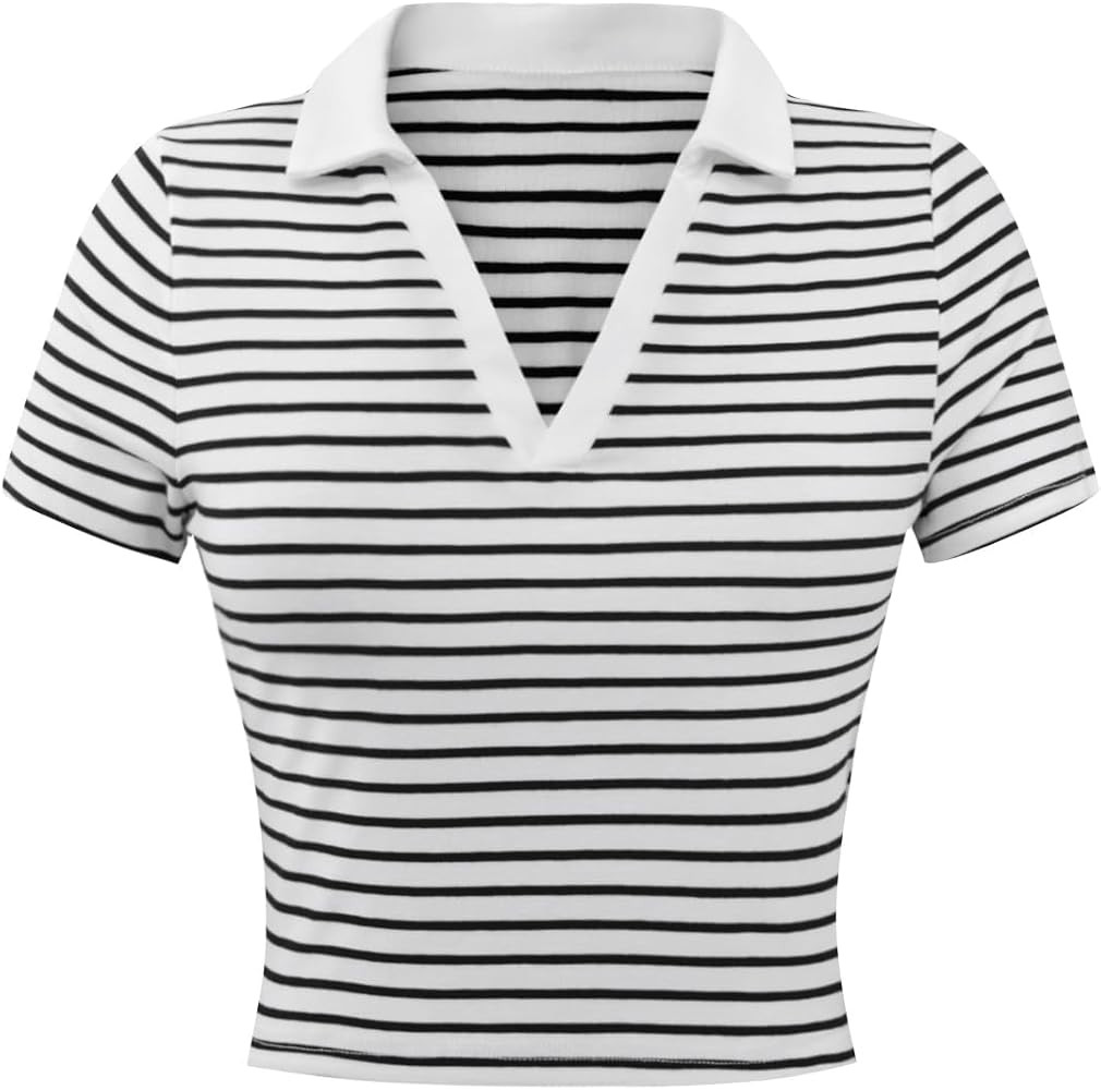Avanova Women Polo Collared V Neck Tee Shirts Ringer Short Sleeve Crop Tops | Amazon (US)