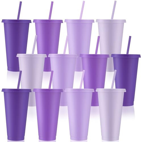 Skylety 12 Pcs Purple Plastic Cups with Lids and Straws 24 oz Reusable Tumbler Large Travel Mug Cup Coffee Beverage Drinks Party Supplies for Wedding Bridal Baby Shower Birthday | Amazon (US)