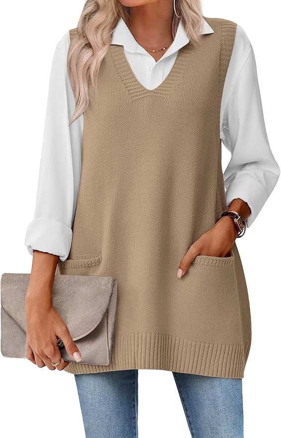 Zeagoo Women's Sweater Vest 2026 Oversized Sleeveless V Neck Pullovers with Pocket Knitted Fall O... | Amazon (US)