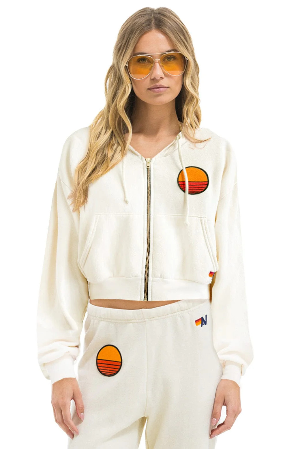 SUNSET PATCH RELAXED CROPPED ZIP HOODIE - VINTAGE WHITE | Aviator Nation
