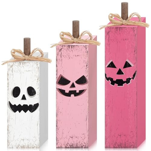 Redbaker 3 Pcs Pink Halloween Table Decor Pink Cute Ghost Tabletop Centerpieces Pastel Pumpkin Ghost Wooden Block Sign Farmhouse Rustic Halloween Tiered Tray Decor for Home Mantel Shelf Kitchen | Amazon (US)