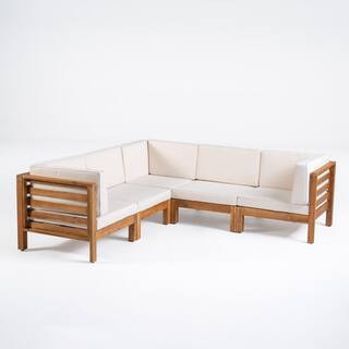 Jonah Teak 5-Piece Wood Outdoor Patio Sectional with Beige Cushions | The Home Depot