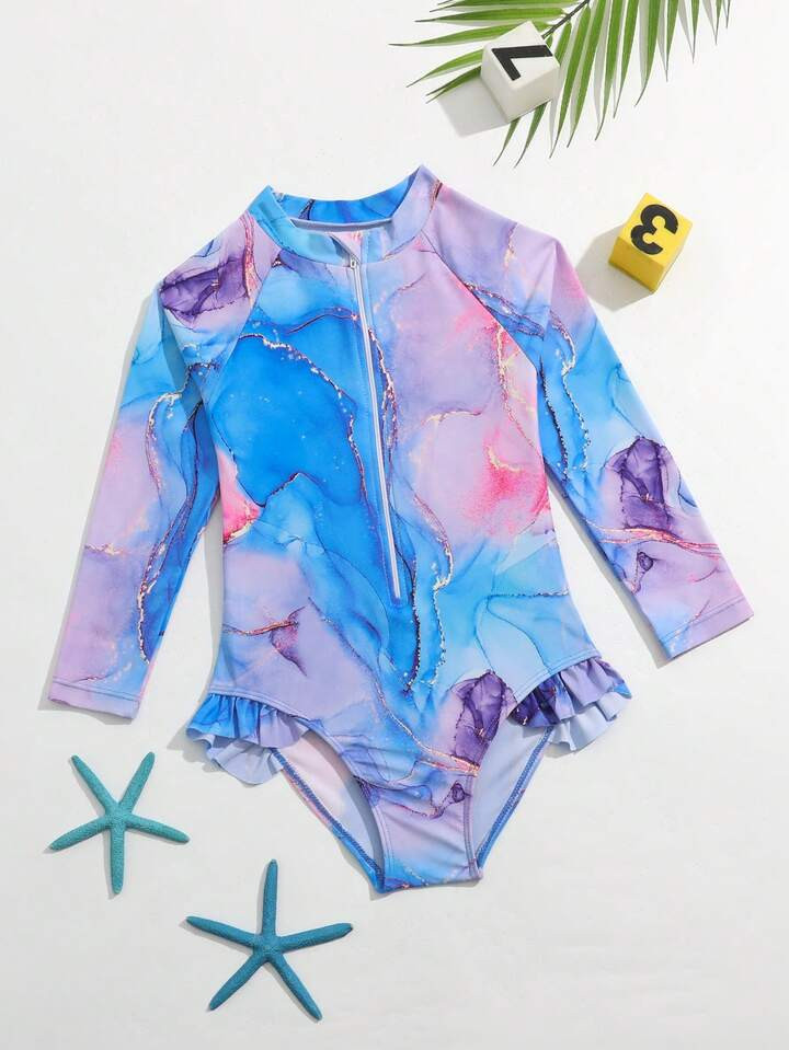 Young Girl Marble Print One Piece Swimsuit With Raglan Sleeve | SHEIN