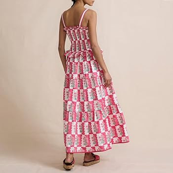 Women Floral Maxi Dress Sleeveless Smocked Ruffle Flowy Boho Sundress with Pockets Summer Vacatio... | Amazon (US)