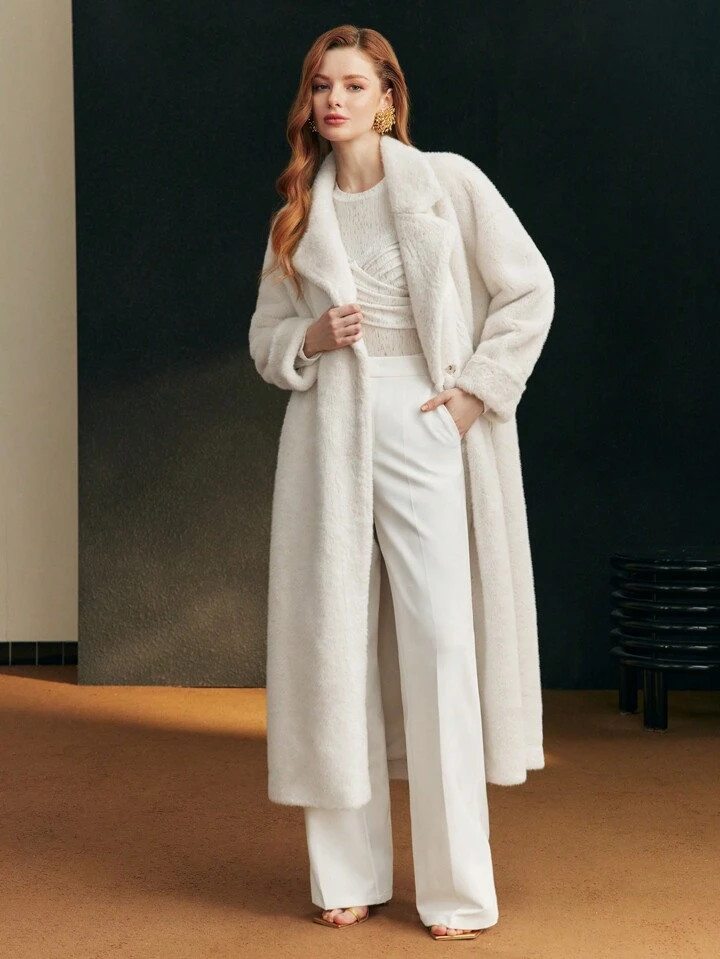 MOTF FAUX FUR SOLID LAPEL COLLAR SLANT POCKET LONG COAT | SHEIN | SHEIN
