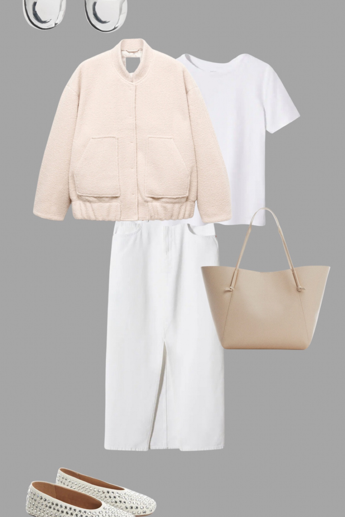 Autumn at Mango. Ice cream dressing in this white denim maxi skirt, a cream soft bomber jacket, taupe shopper, diamanté shoes and silver earrings with a simple white tee