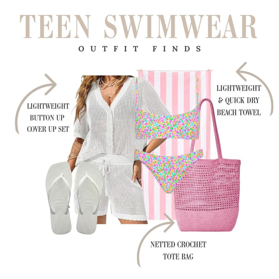 A bright and easy teen swim look. Love the colorful bikini with the lightweight knit cover up set and a cute crochet tote for beach days.

#LTKSeasonal #LTKmomlife #LTKOver40