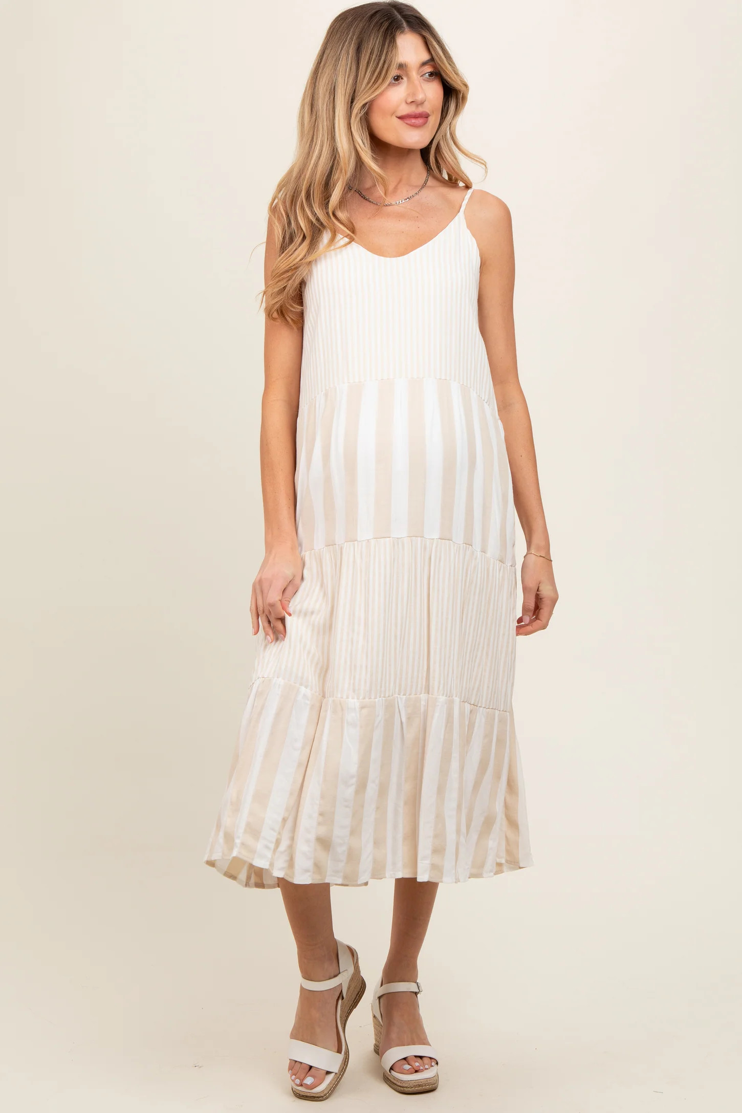 Beige Striped Side Pocket Maternity Midi Dress | PinkBlush Maternity