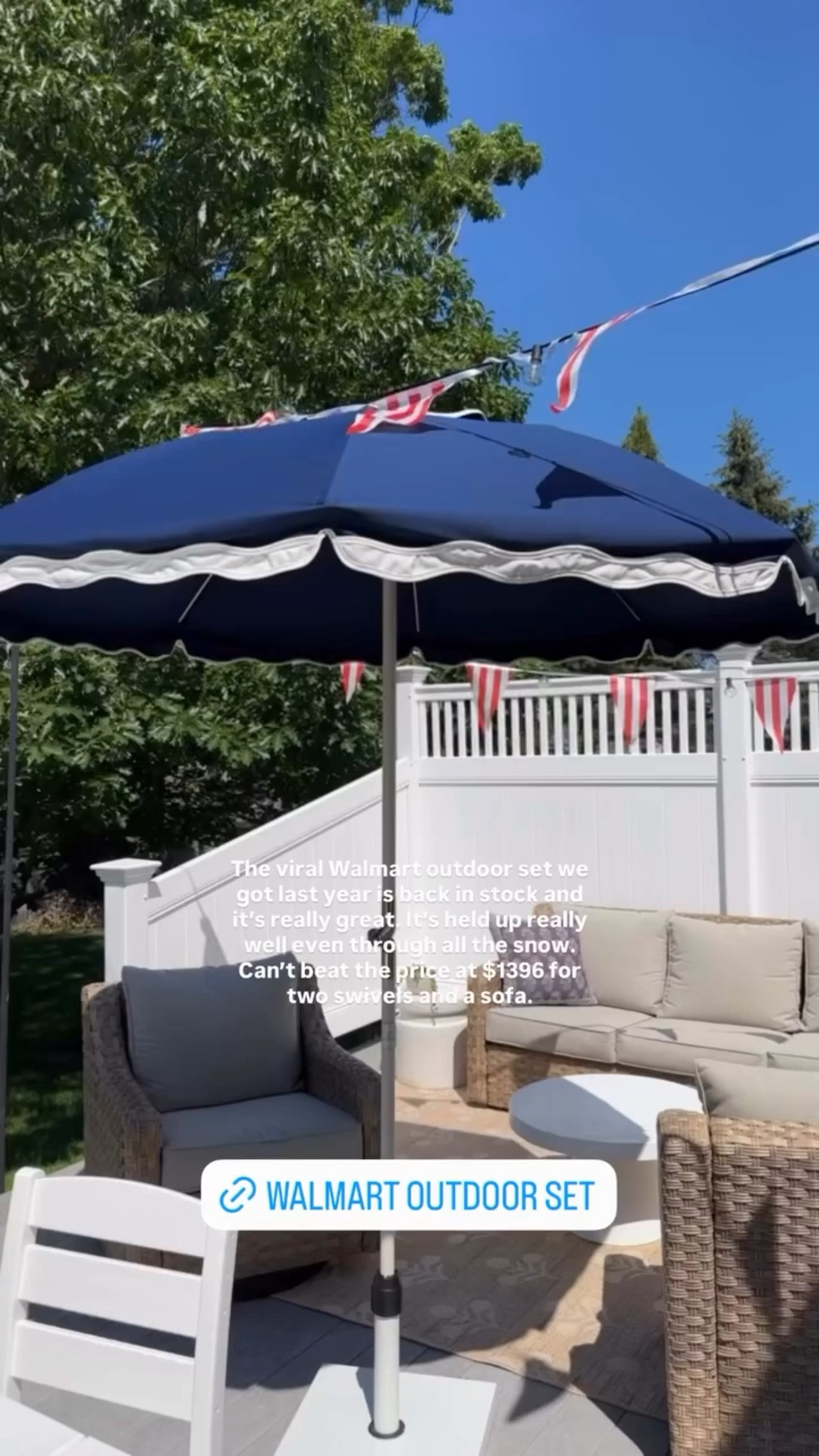 The viral Walmart outdoor set we got last year is back in stock and it’s really great. It’s held up really well even through all the snow.  Can’t beat the price at $1396 for two swivels and a sofa.