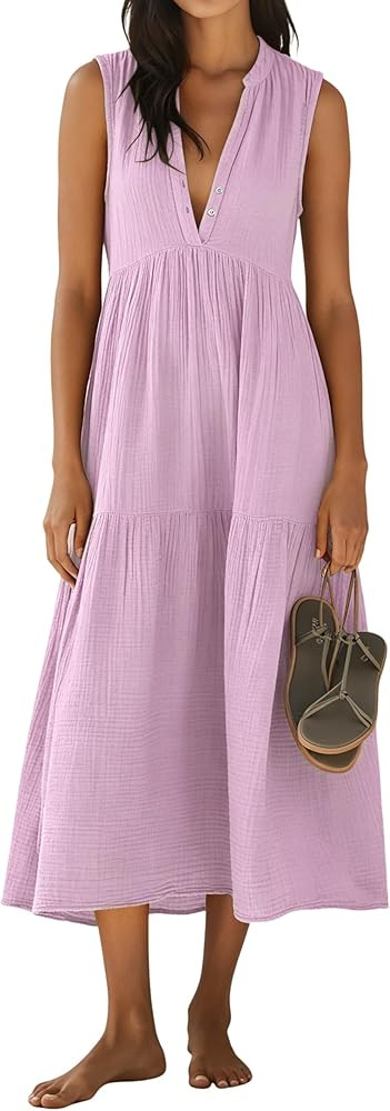 R.Vivimos 2026 Summer Cotton Maxi Dresses for Women Casual Sleeveless Button V Neck Tiered Loose ... | Amazon (US)