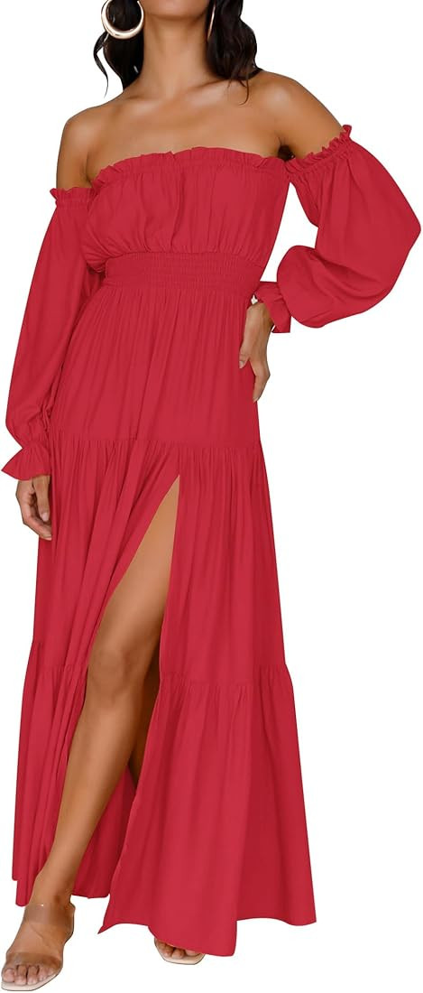 ZESICA Women's Boho Sexy Off Shoulder Long Sleeve Smocked High Waist Side Split Flowy A Line Tier... | Amazon (US)