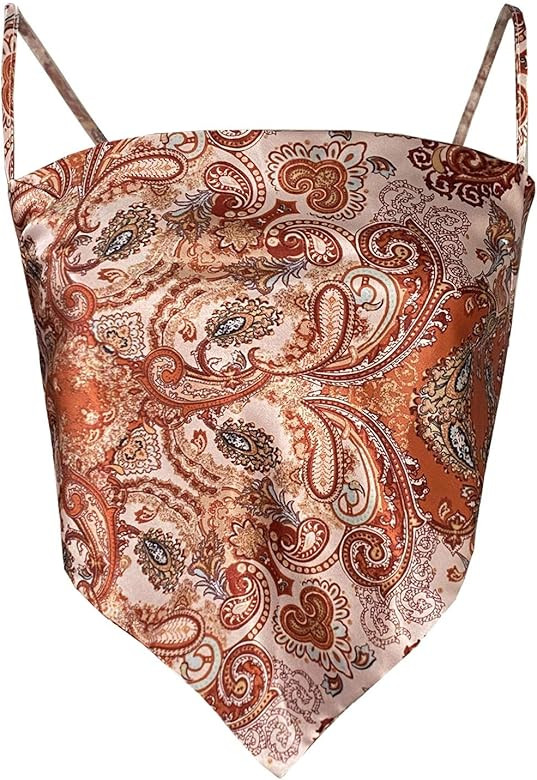 Women's French Hanky Hem Tie Back Ajustable Spaghetti Strap Satin Silk Camisole Bandana Crop Top | Amazon (US)