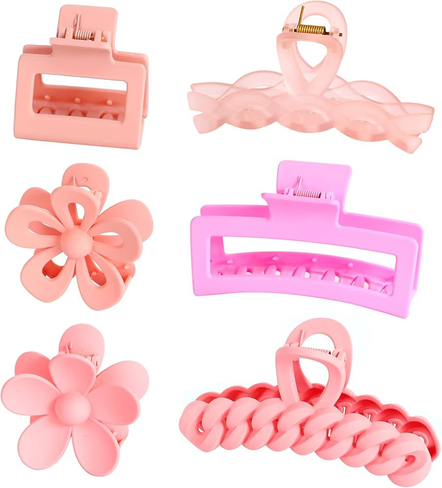 Hair Claw Clips,6PCS Pink Hair Clips,Big Hair Claw Clips Nonslip Large Claw Clip for Women Thin H... | Amazon (US)