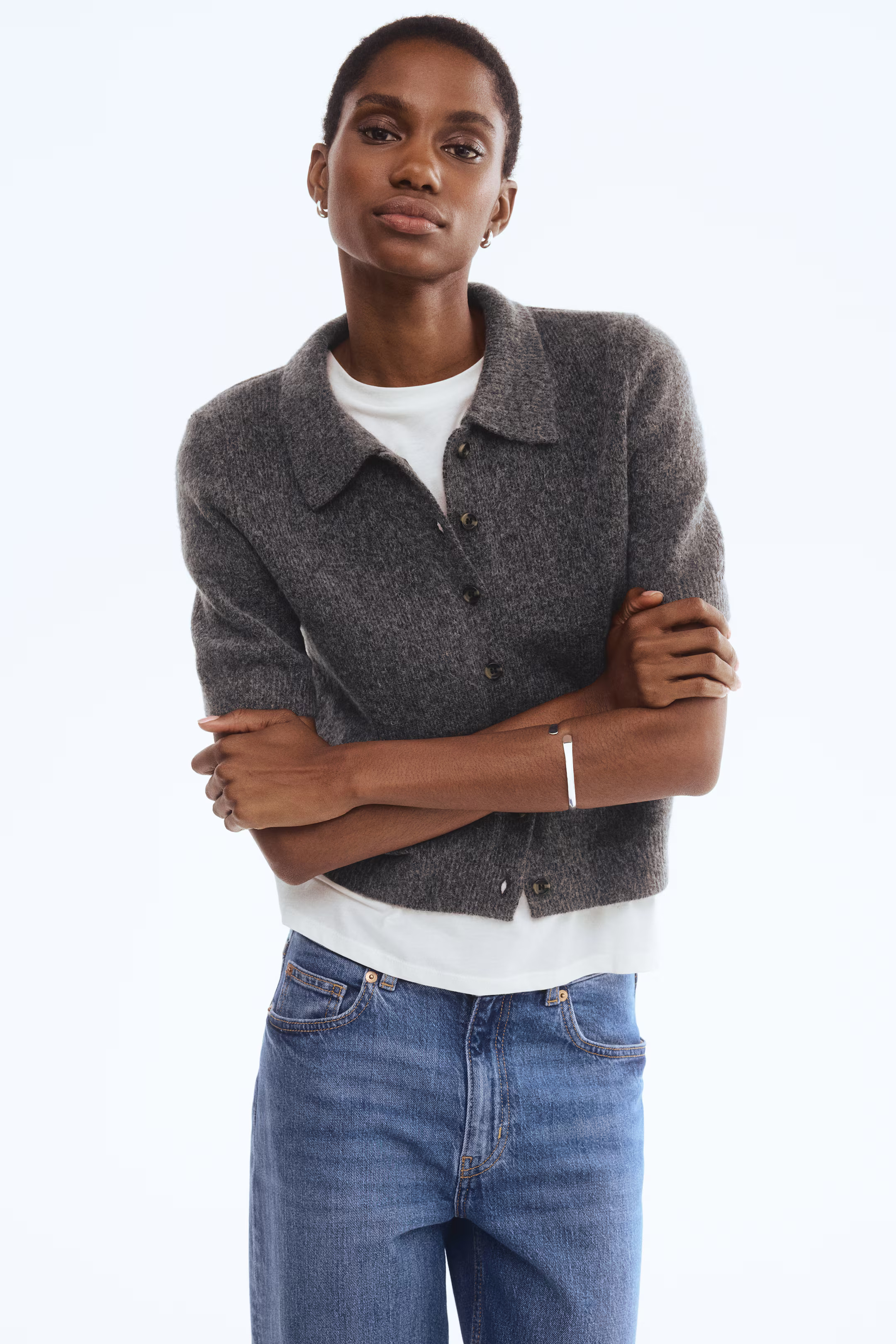 Short-Sleeved Cardigan with Collar | H&M (US + CA)