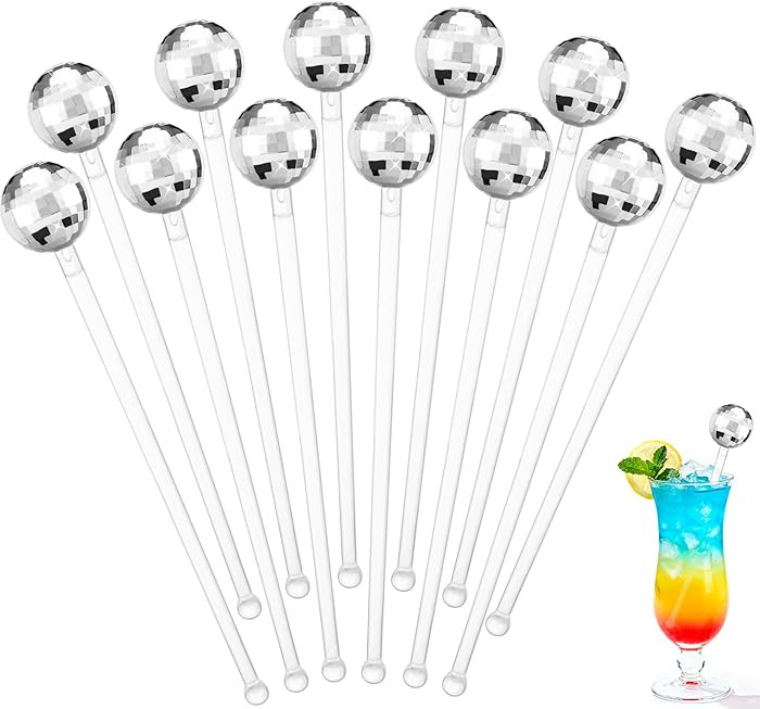 Soledea 12 Pcs Disco Ball Drink Stirrers, 8 Inch Silver Plastic Mirror Ball Swizzle Sticks, Decor... | Amazon (US)