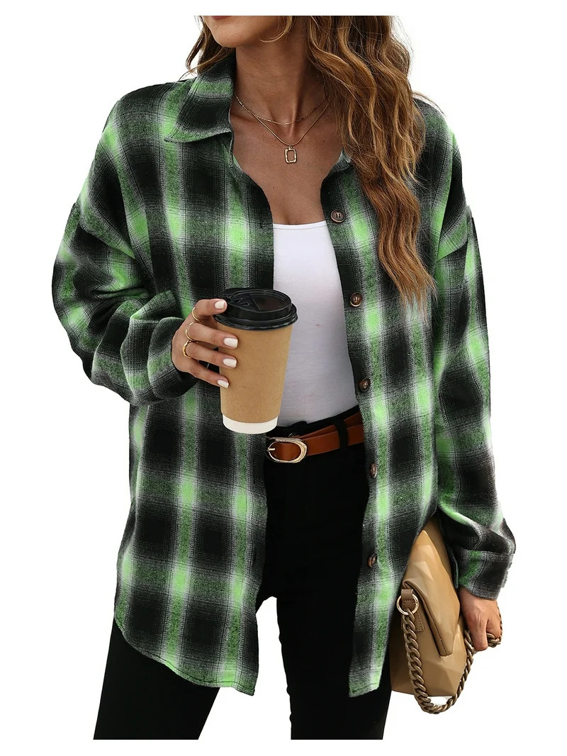 Fantaslook Plaid Flannel Shirts for Women Oversized Long Sleeve Button Down Shirts Blouses Tops | Walmart (US)
