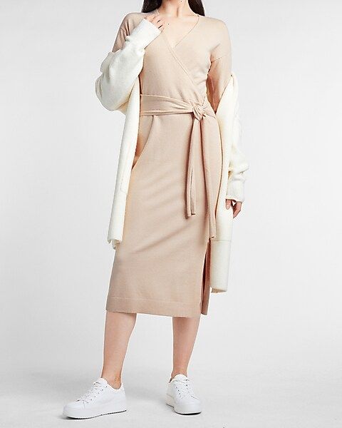 Belted Wrap Front Midi Sweater Dress | Express
