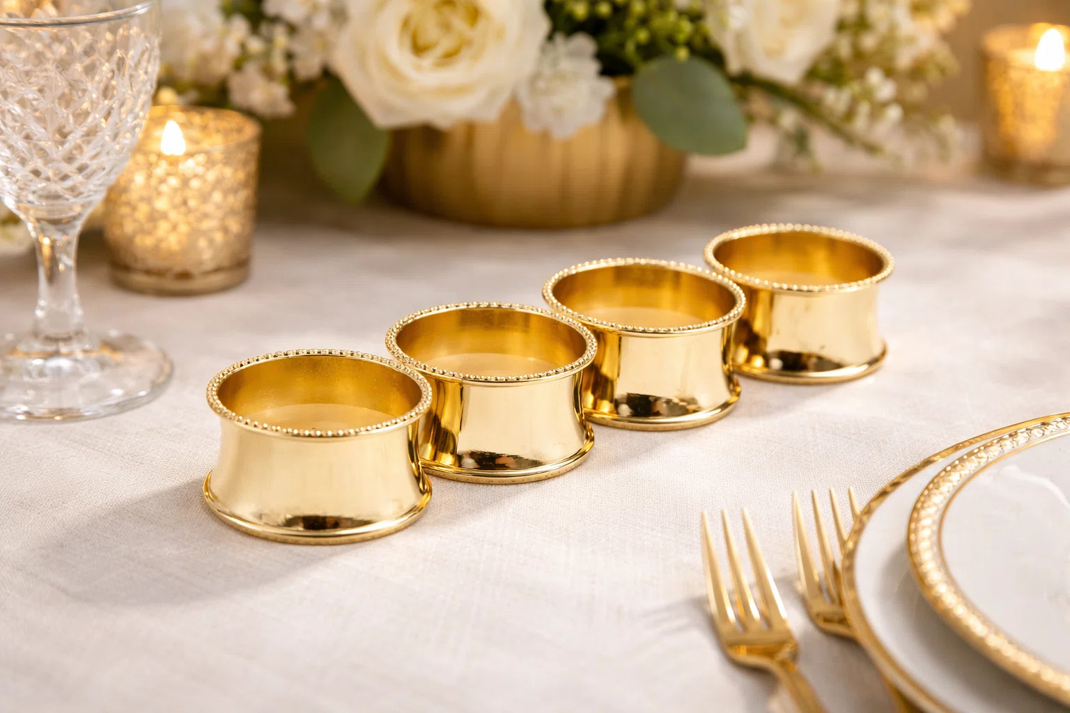 Silver Modern Beaded Border Design Metal Napkin Rings, Set Of 4 | Wayfair North America
