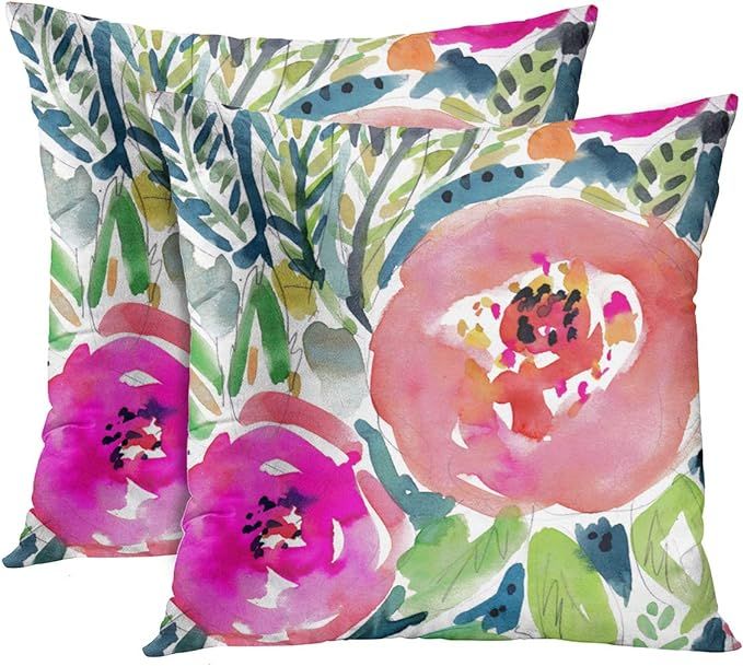 Emvency Set of 2 Throw Pillow Cover Colorful Bohemian Peach Floral Boho Watercolor Pink Painterly... | Amazon (US)