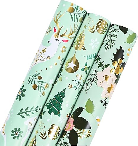 Altarho Green Christmas Wrapping Paper Roll Bundle - Reversible Gold Reindeer and Tree, Floral fo... | Amazon (US)