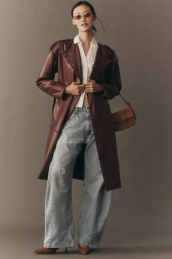 Faux Leather Belted Trench Coat Jacket | Anthropologie (US)