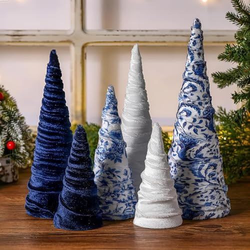 Civaner 6 Pcs Blue White Christmas Decor Chinoiserie Velvet Trees Set Vintage Tabletop Cone Tree Farmhouse Xmas Tiered Tray Ornament for Holiday Entryway Tabletop Centerpiece Decor | Amazon (US)