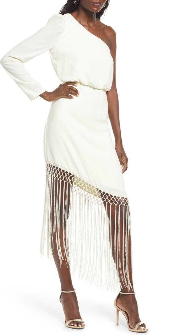 Lulus Love at Dusk One-Shoulder Asymmetric Cocktail Dress | Bride - White Fringe Dress - Honeymoon | Nordstrom