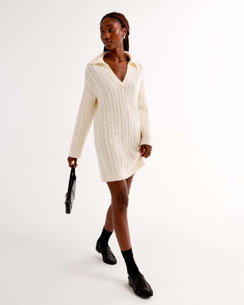 Long-Sleeve Collared Cable Mini Sweater Dress | Abercrombie & Fitch (US)