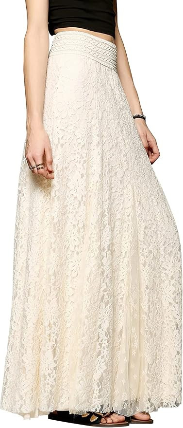 CHARTOU Womens Elegant Floral Lace Elastic High Waist Pleated Maxi Long Beach Skirts | Amazon (US)