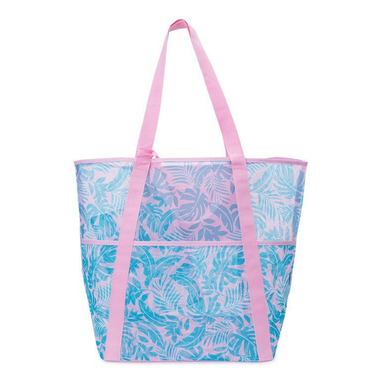 Time and Tru Women's Mesh Beach Tote Handbag, Tropical Leaf | Walmart (US)