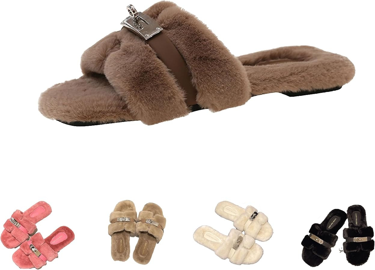 Women's Plush Slippers with Metal Decor - Trendy Fuzzy Fashion Slides, Super Light & Non - slip S... | Amazon (US)