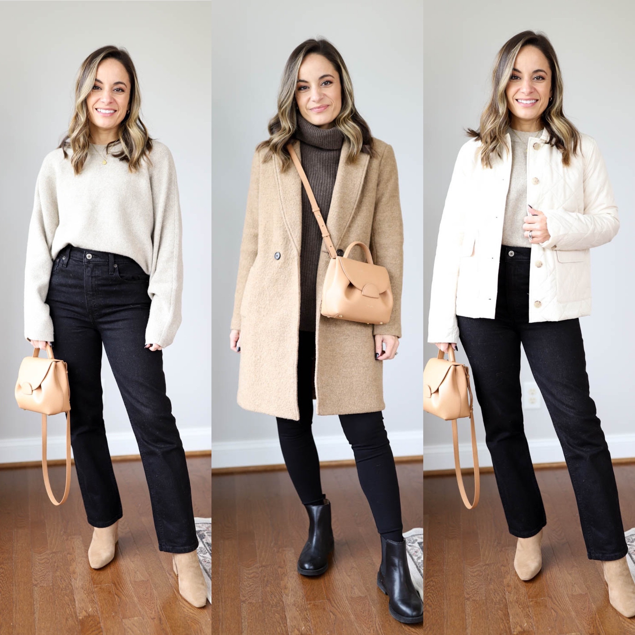 Fall capsule wardrobe 

Taupe sweater: xxs 
Black jeans: 24 extra short 
Brown sweater: xs 
Tan coat: petite xxs/00 
Cream jacket: xxs 
Leggings: xs short 
All shoes are tts 

Bag: polene un nano in textured tan 

#LTKstyletip #LTKSeasonal