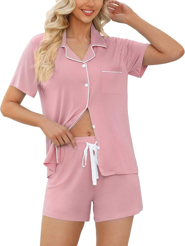 Samring Womens Pajamas Set Short Sleeve Sleepwear Button Down Nightwear Shorts Soft Pj Sets S-XXL | Amazon (US)