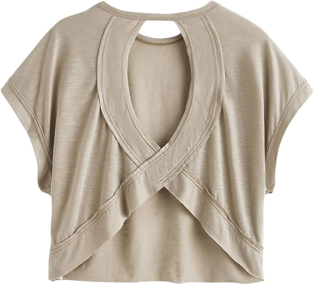 SOLY HUX 2024 Open Back Tops for Women Criss Cross Cut Out Tee Backless Casual Short Sleeve Round... | Amazon (US)