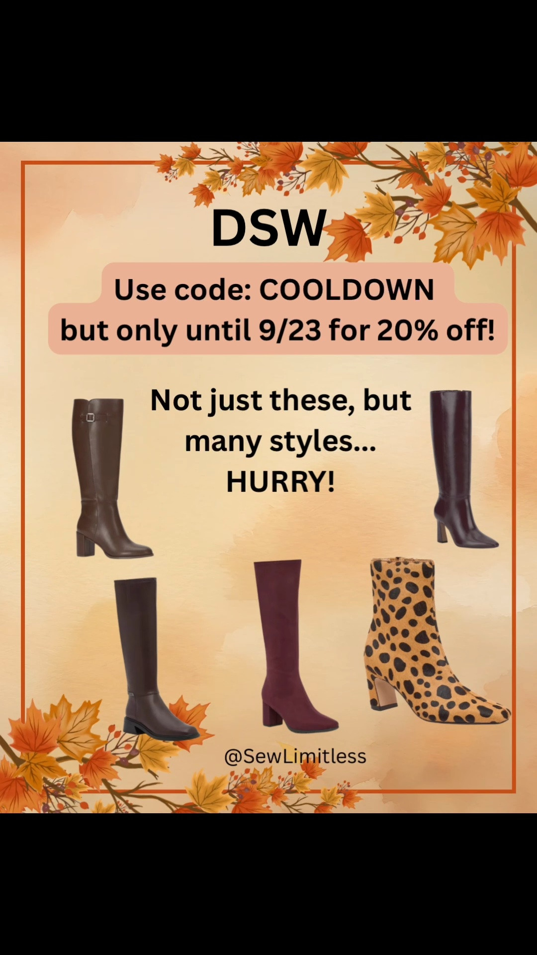 DSW just dropped a code for a discount. It’s only good from 9/21/26-9/23/26, so hurry. It’s the perfect time to get some fall shoes and boots.

#LTKOver40 #LTKSaleAlert #LTKootd